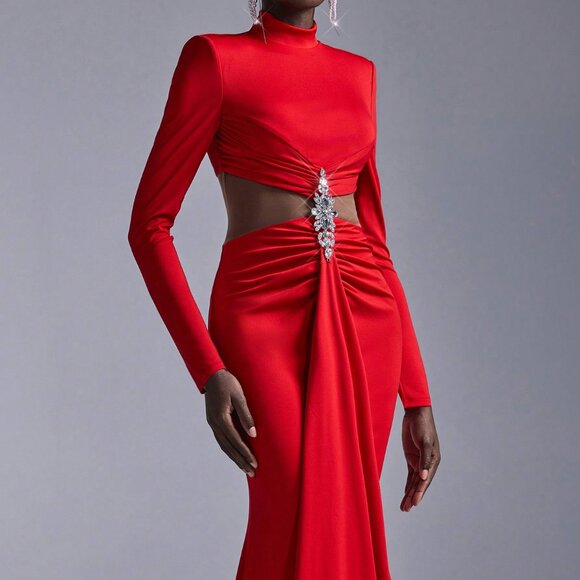 Red Elegant Women's Stretch Satin Fishtail Evening Dress - Picture 2 of 7